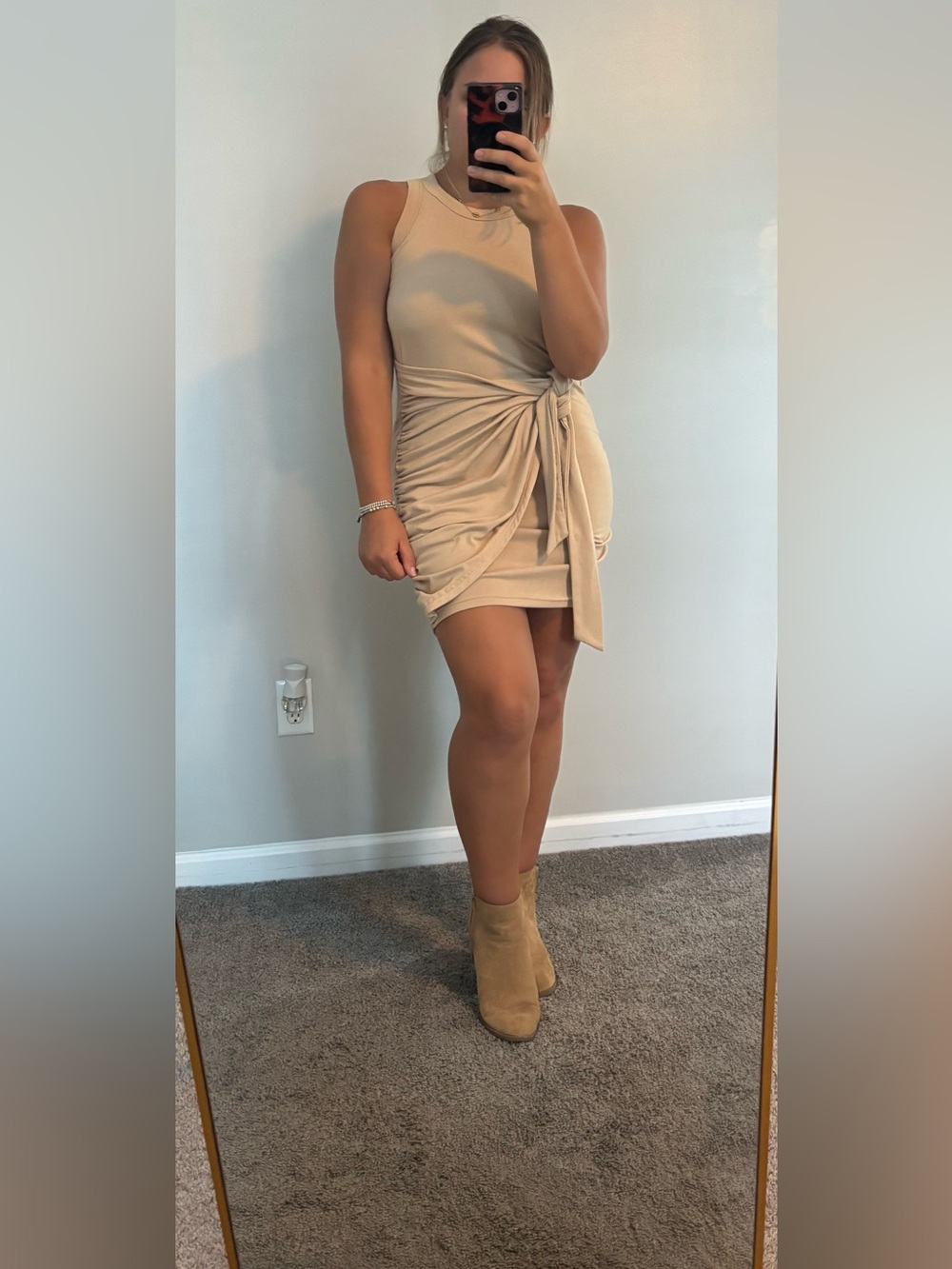 Sleeveless Ruched Tie Waist Bodycon Tank Wrap Mini Dress in Beige Size Small